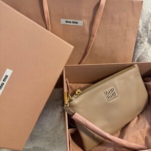 Miu Miu Beige Logo Leather Zip Pouch Wristlet Bag